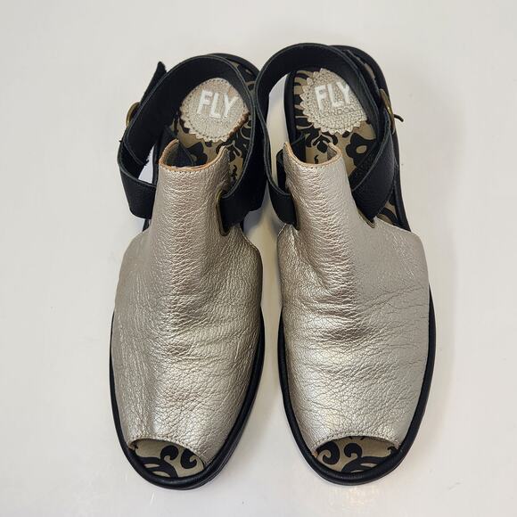 Fly London Wena Silver Black Leather Slingback Sandal Size 38 US 7.5 Peep Toe - Picture 2 of 8